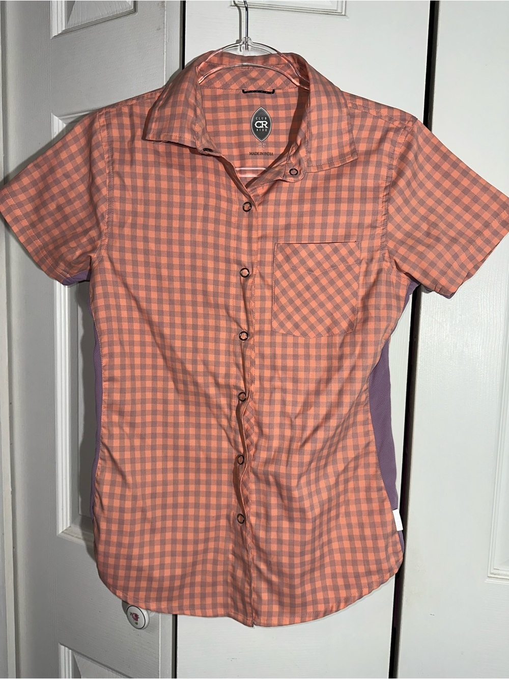 Club Ride Shirt Womens XS Gingham Short Sleeve Button Up Cycling Top AA26